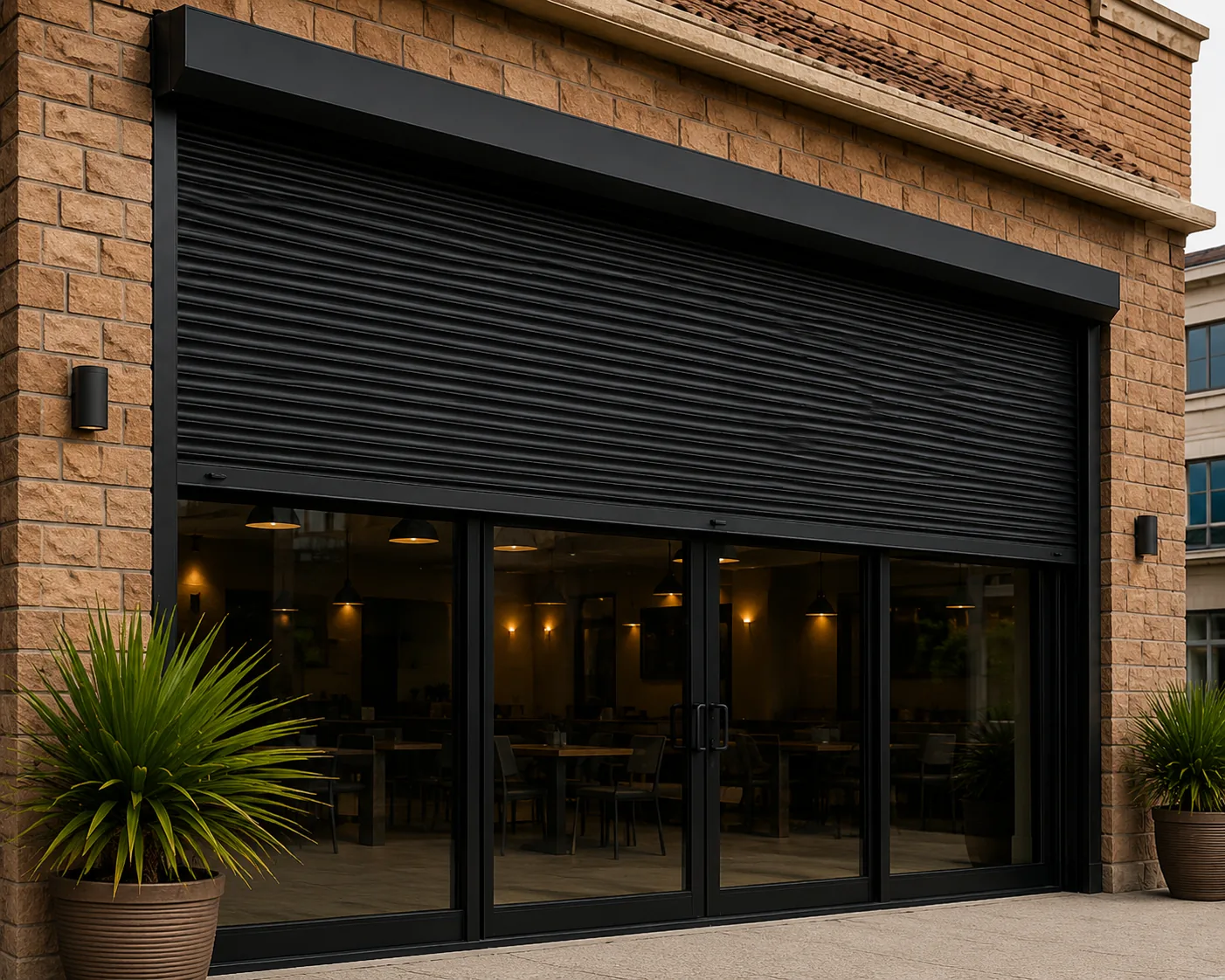 Commercial storefront with security blinds fully closed over the glass entry and display windows
