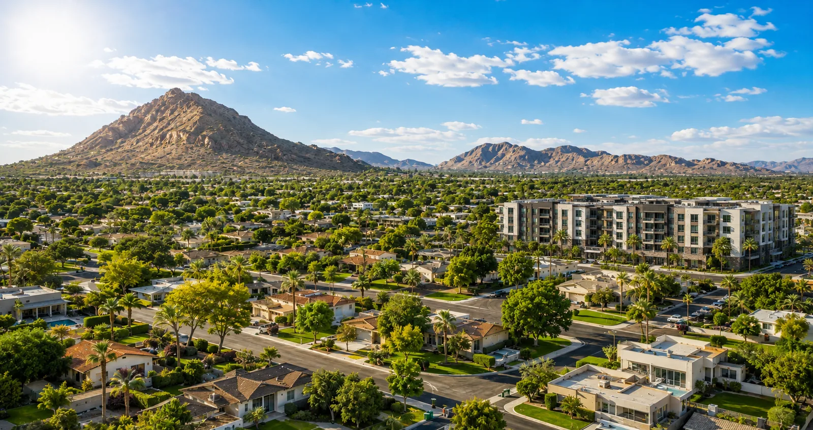Aerial view over Scottsdale, Arizona neighborhoods in daylight, with tree-lined residential streets and a modern mid-rise building in the foreground and the Valley's desert mountains in the background