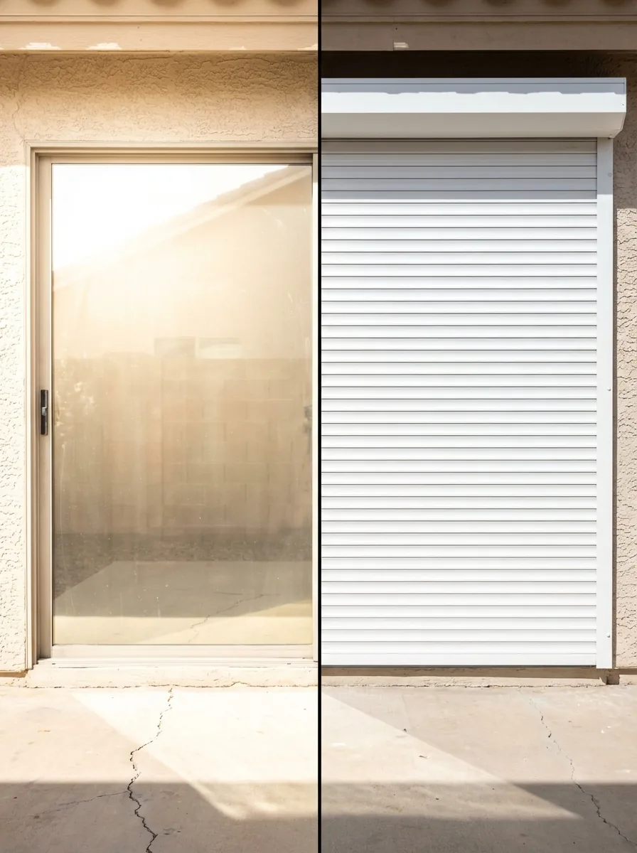 A Metro Phoenix sliding glass door in direct sun on the left, and the same opening with a white rolling shutter closed over it on the right