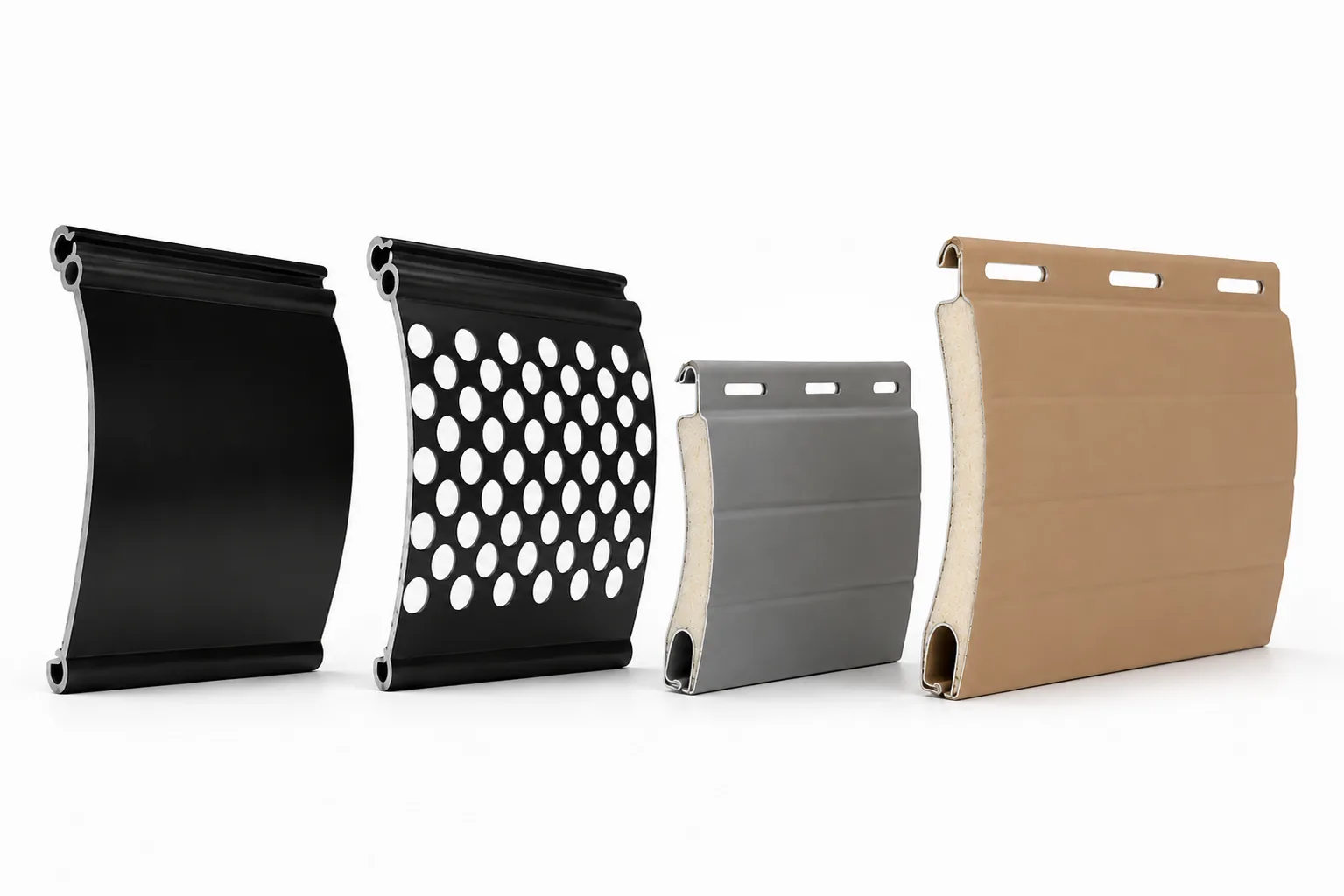 Four rolling shutter slat profiles side by side in cutaway: solid extruded, perforated extruded, and two foam-filled insulated slats showing the foam core and the interlocking edges