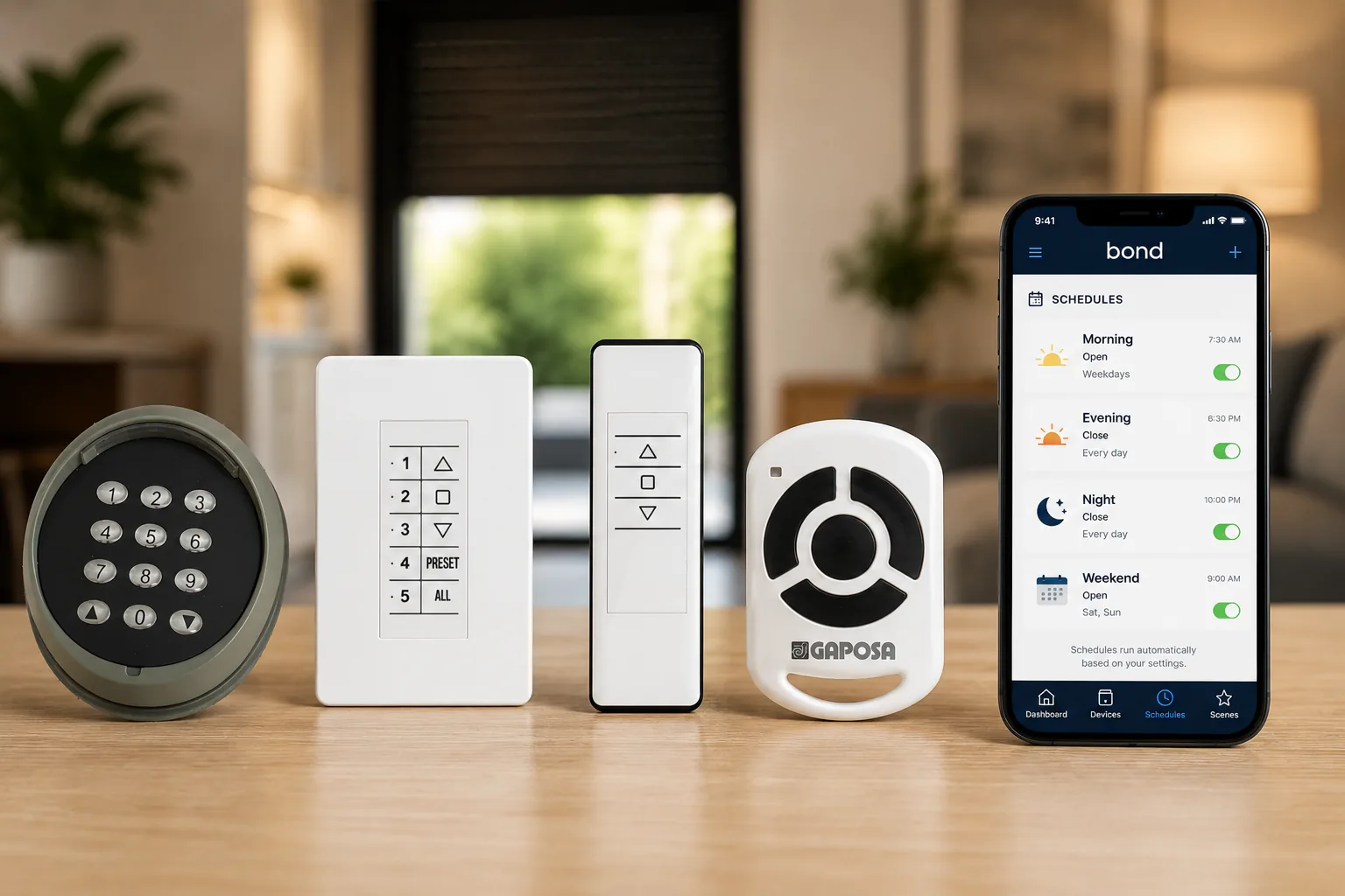 Rolling shutter controls on a table: an exterior keypad, a five channel wall switch, a handheld remote, a Gaposa key fob, and a phone showing the Bond app schedule list, with a rolling shutter on the window behind