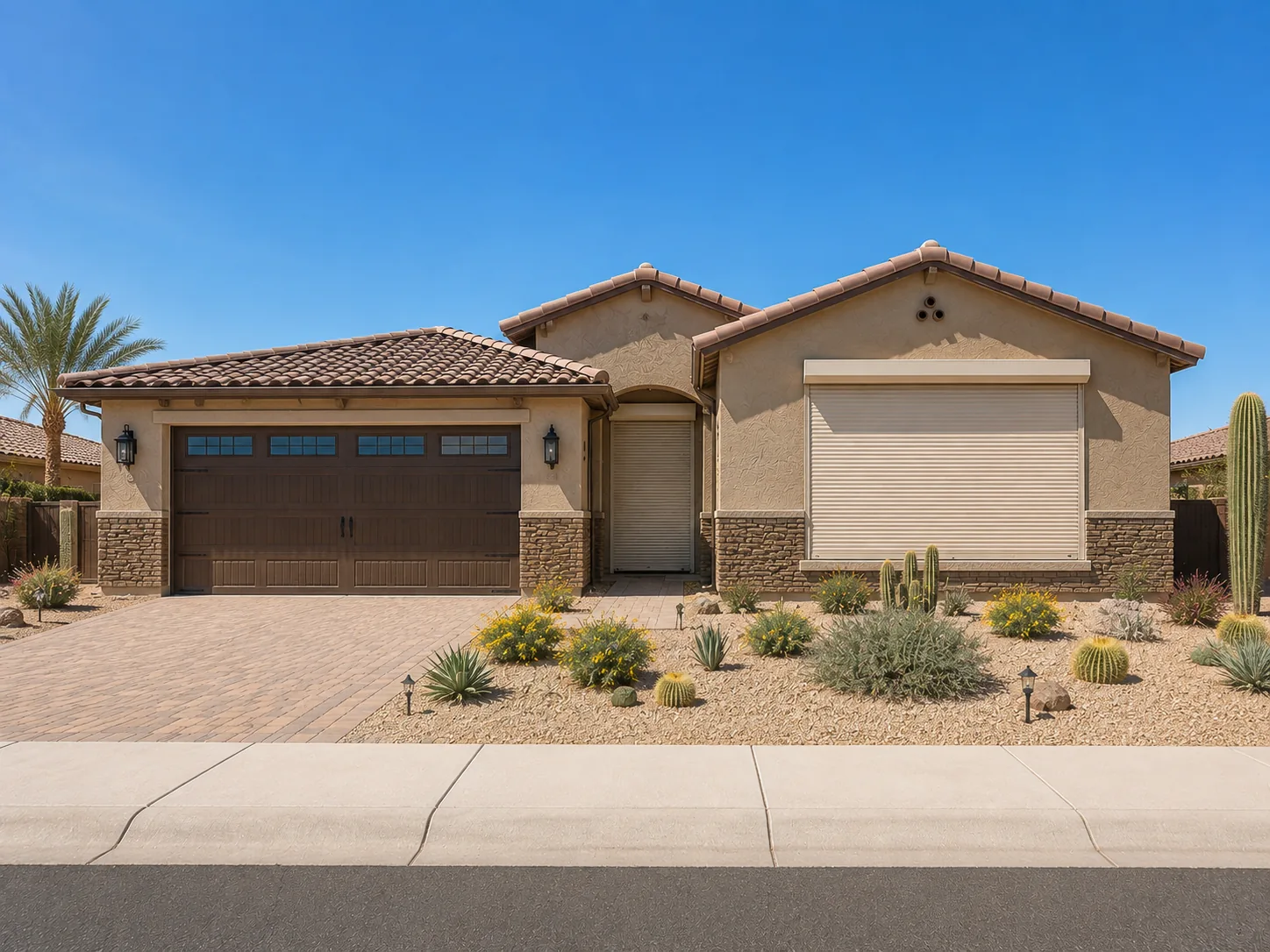 A single-story desert home on a sunny day with rolling shutters closed over the front window and entry door