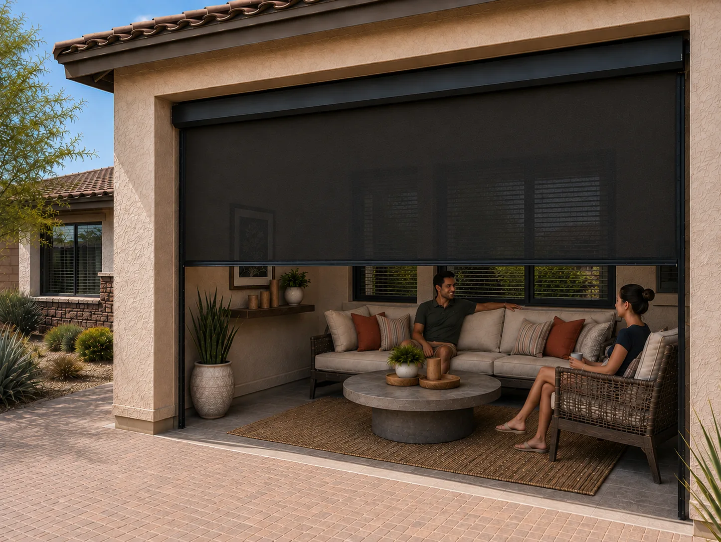 Two people seated on a covered patio while a dark motorized patio screen sits partway down across the opening