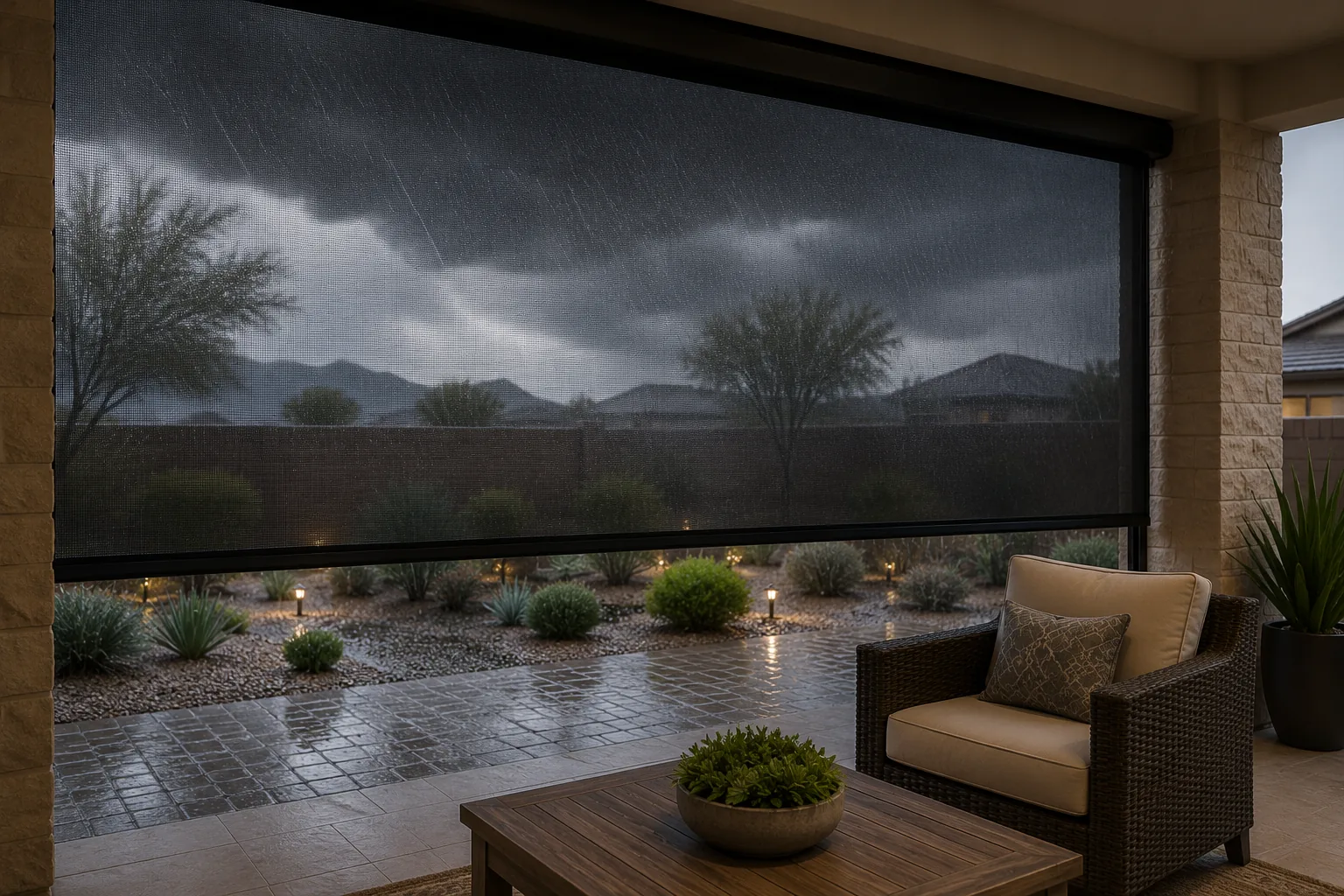 A dark motorized patio screen partway up over a covered patio as a rain storm moves in over the desert