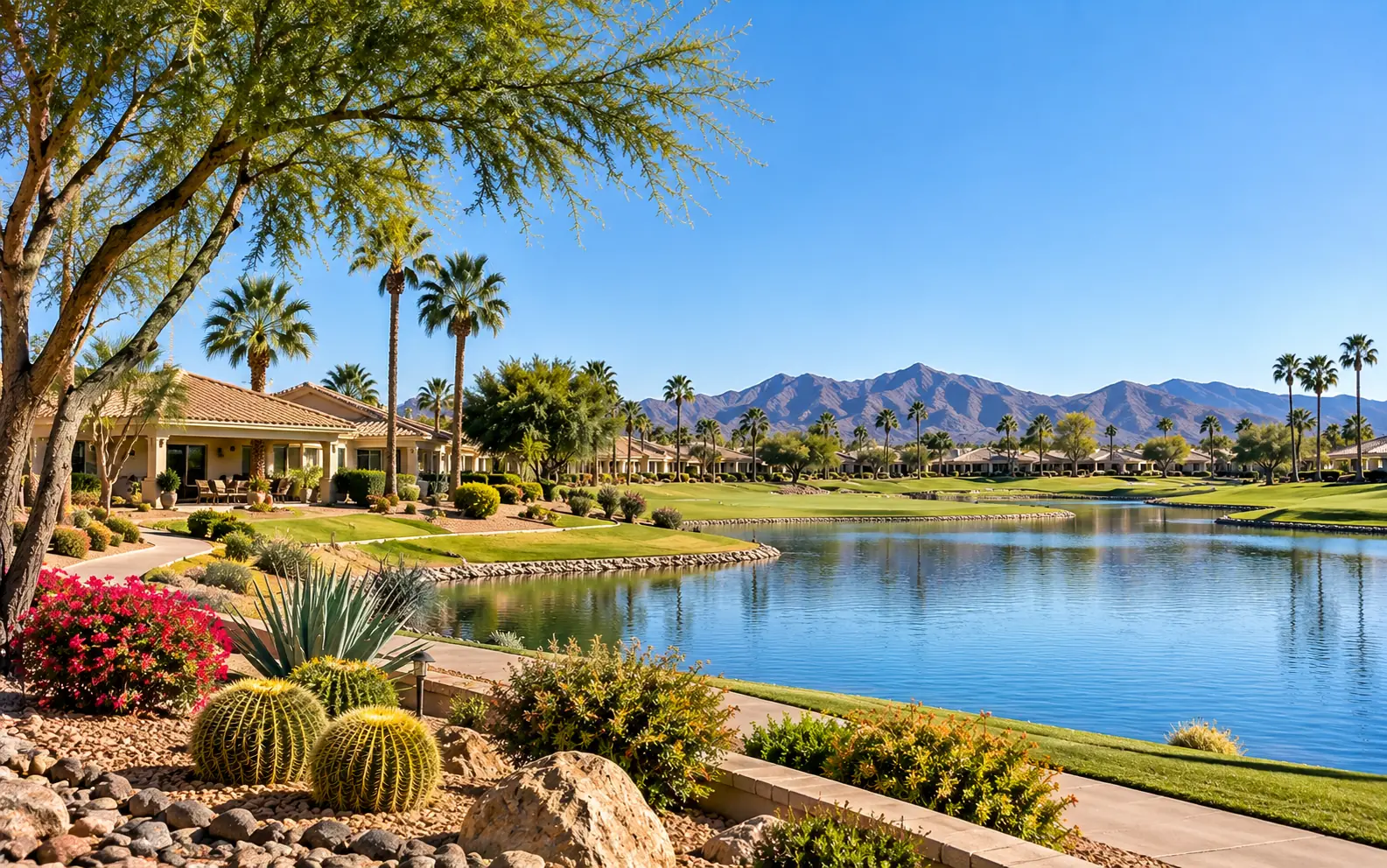 Lakeside walking path in Sun City, Arizona, with single-level homes, palm trees, a green fairway, and desert landscaping, and mountains beyond on a sunny day
