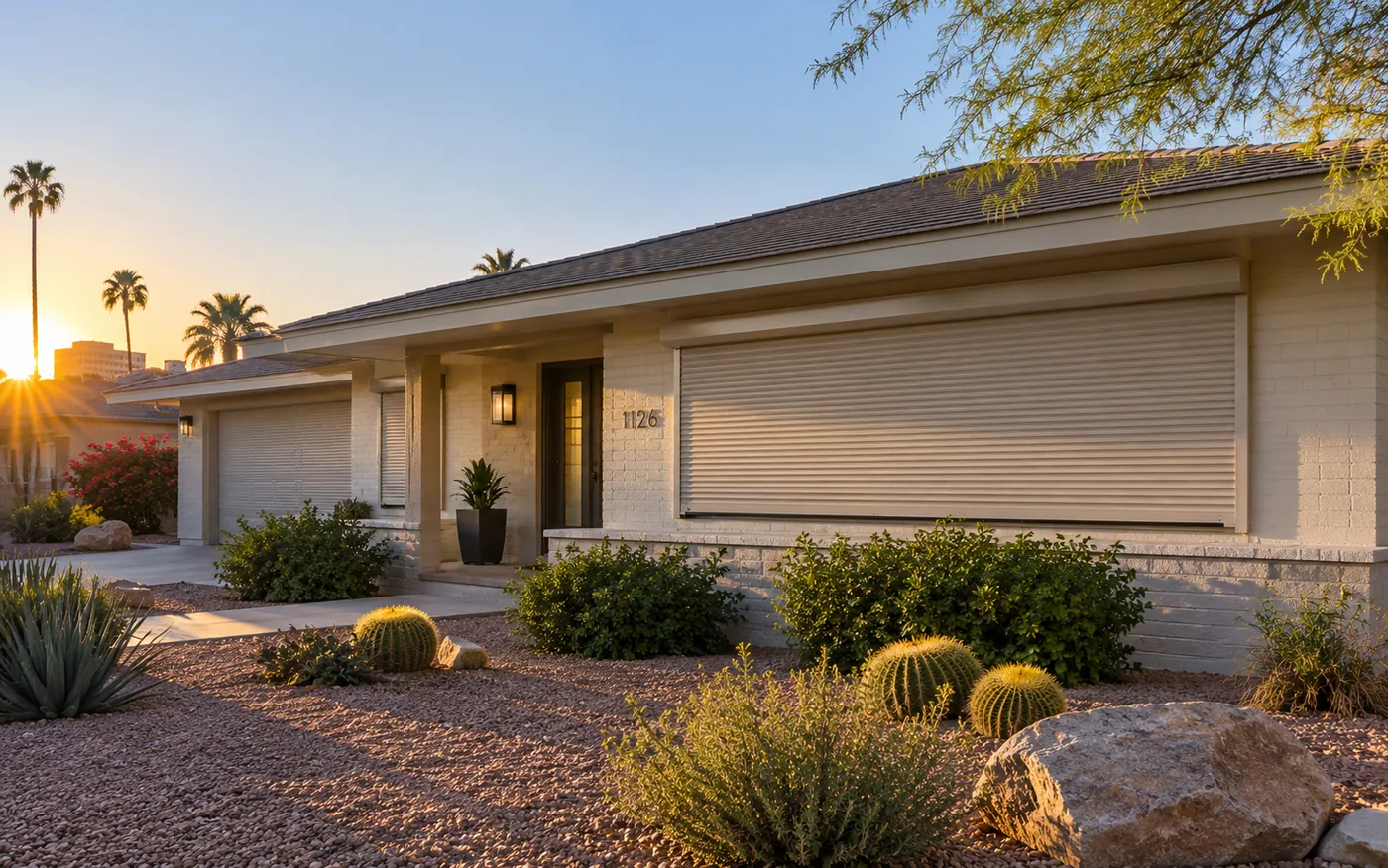 A home at sunset with rolling shutters closed over the front windows and garage