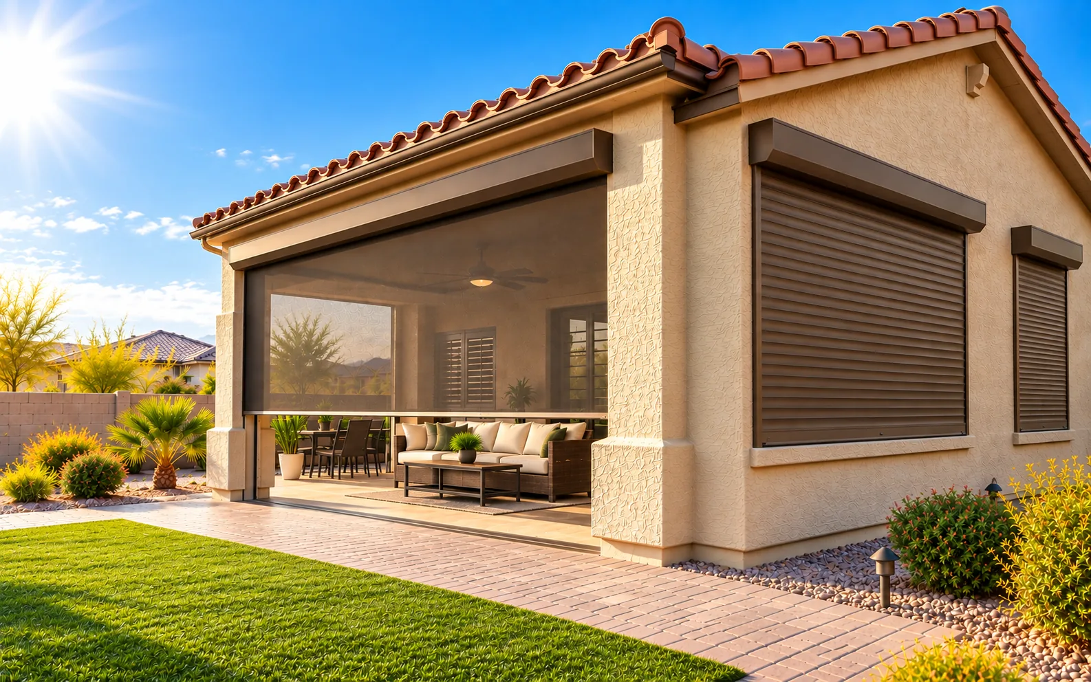 Surprise, Arizona home in daylight with rolling shutters closed over the windows and a motorized patio screen lowered over a covered patio