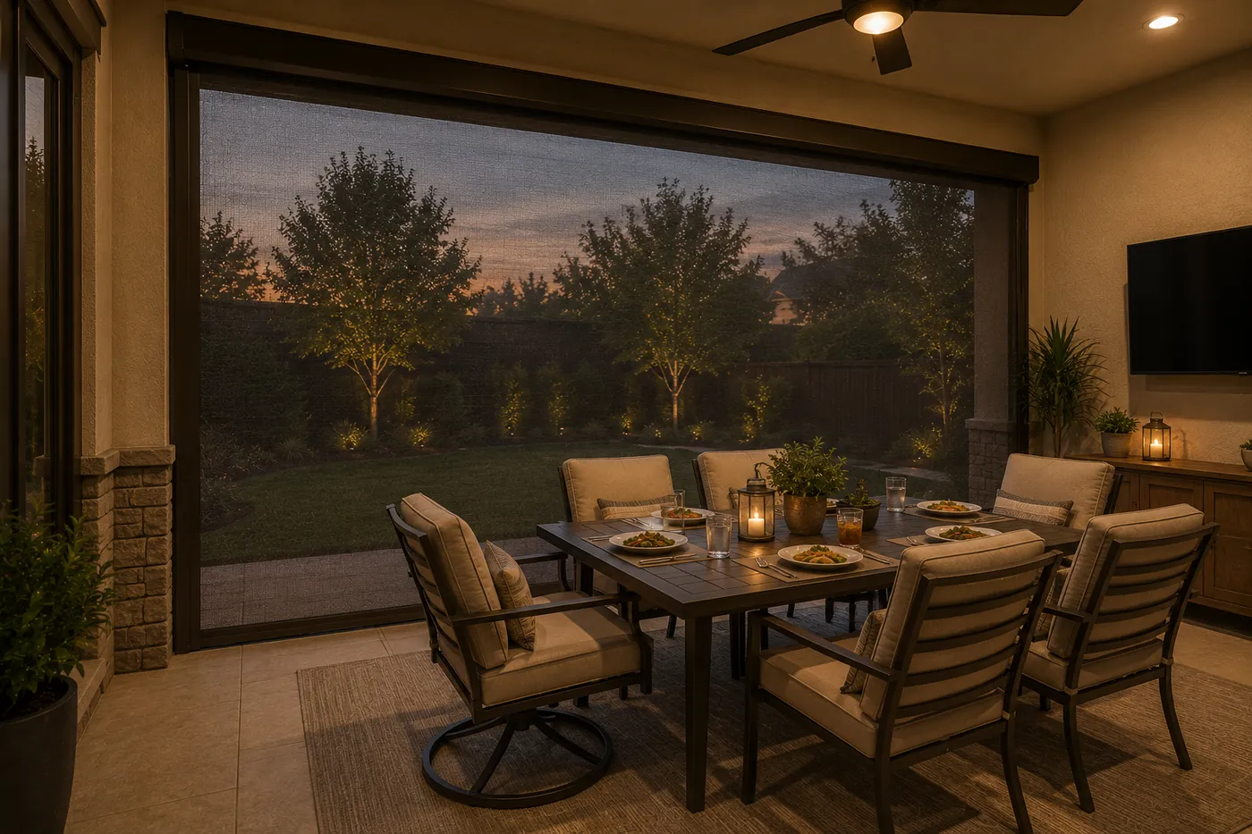 Covered patio at dusk with a motorized patio screen lowered for privacy around an outdoor dining table
