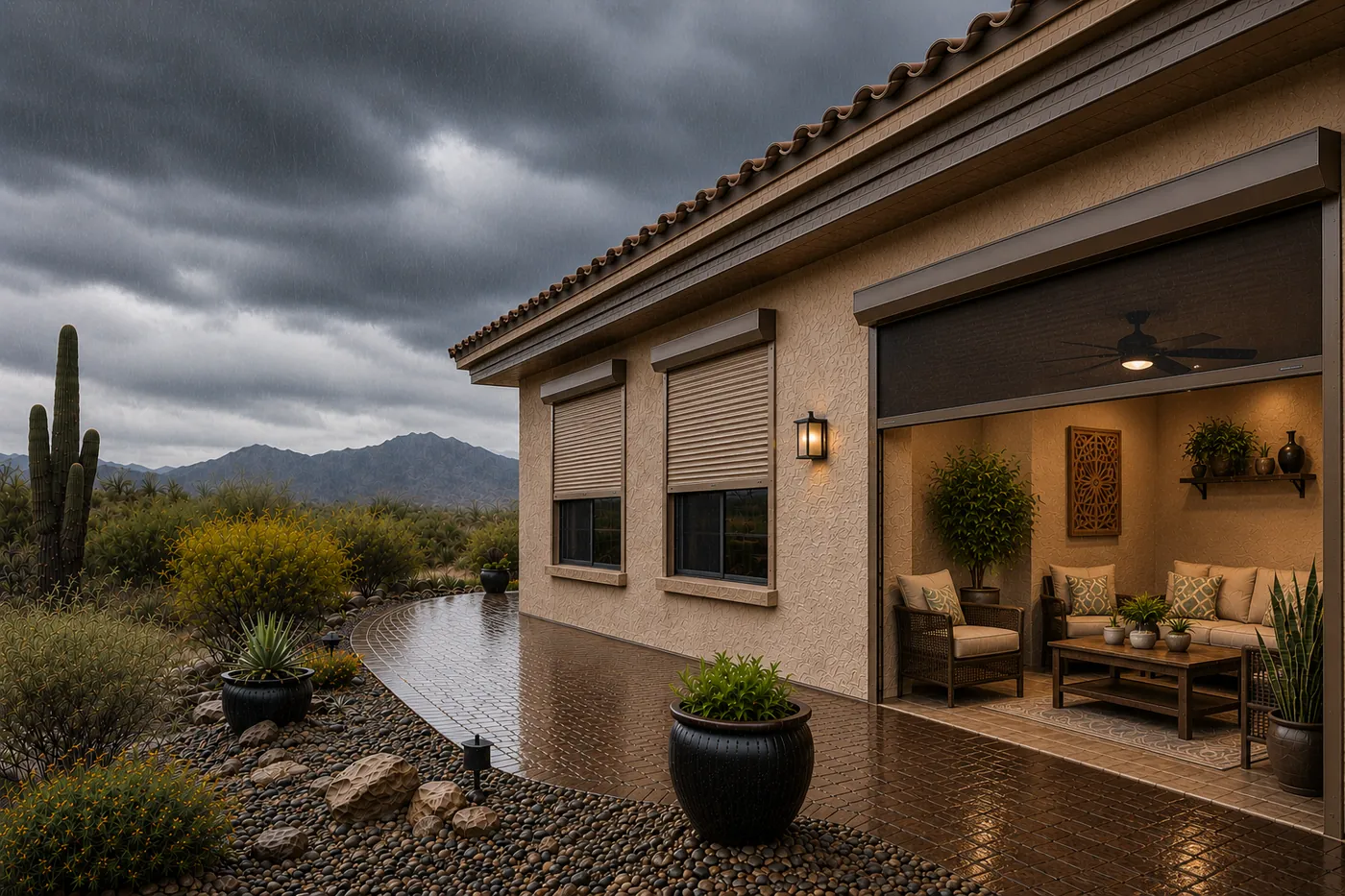 Stucco home under dark monsoon clouds with rolling shutters partly lowered over the windows and a motorized patio screen lowered over the covered patio