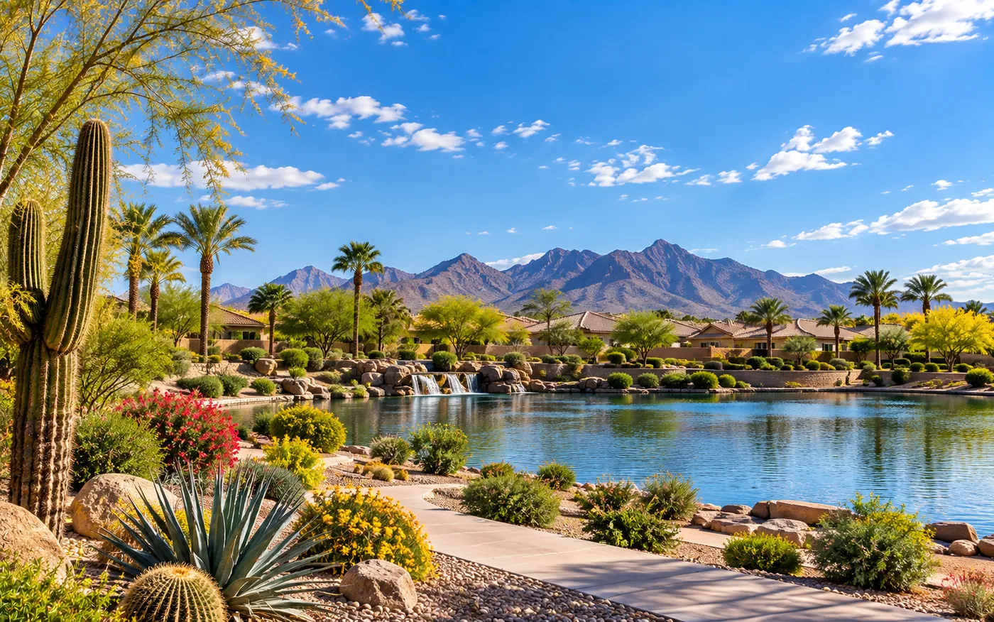 Lakeside walking path in Surprise, Arizona, with a small waterfall, palm trees, desert landscaping, and mountains beyond