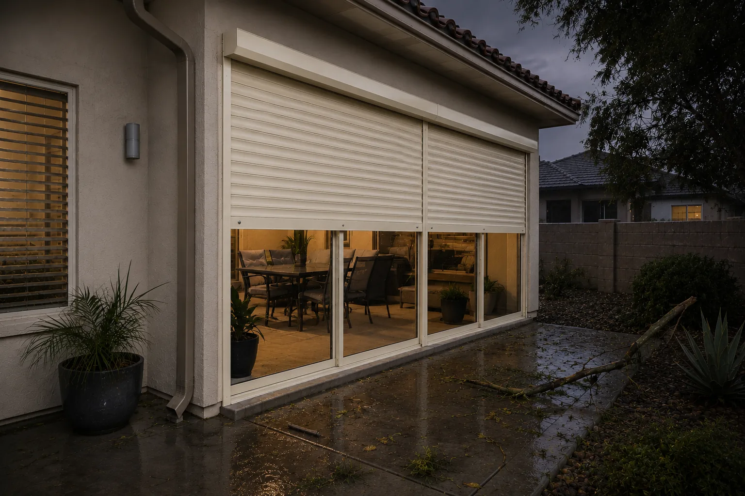 A wet patio at dusk after a monsoon storm, with a broken branch on the paving and the shutters still part way down