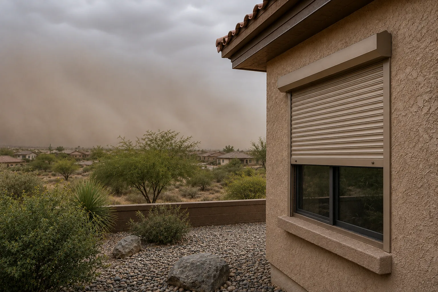 A wall of haboob dust rolling toward a Metro Phoenix neighbourhood, with a rolling shutter closed over the window in the foreground