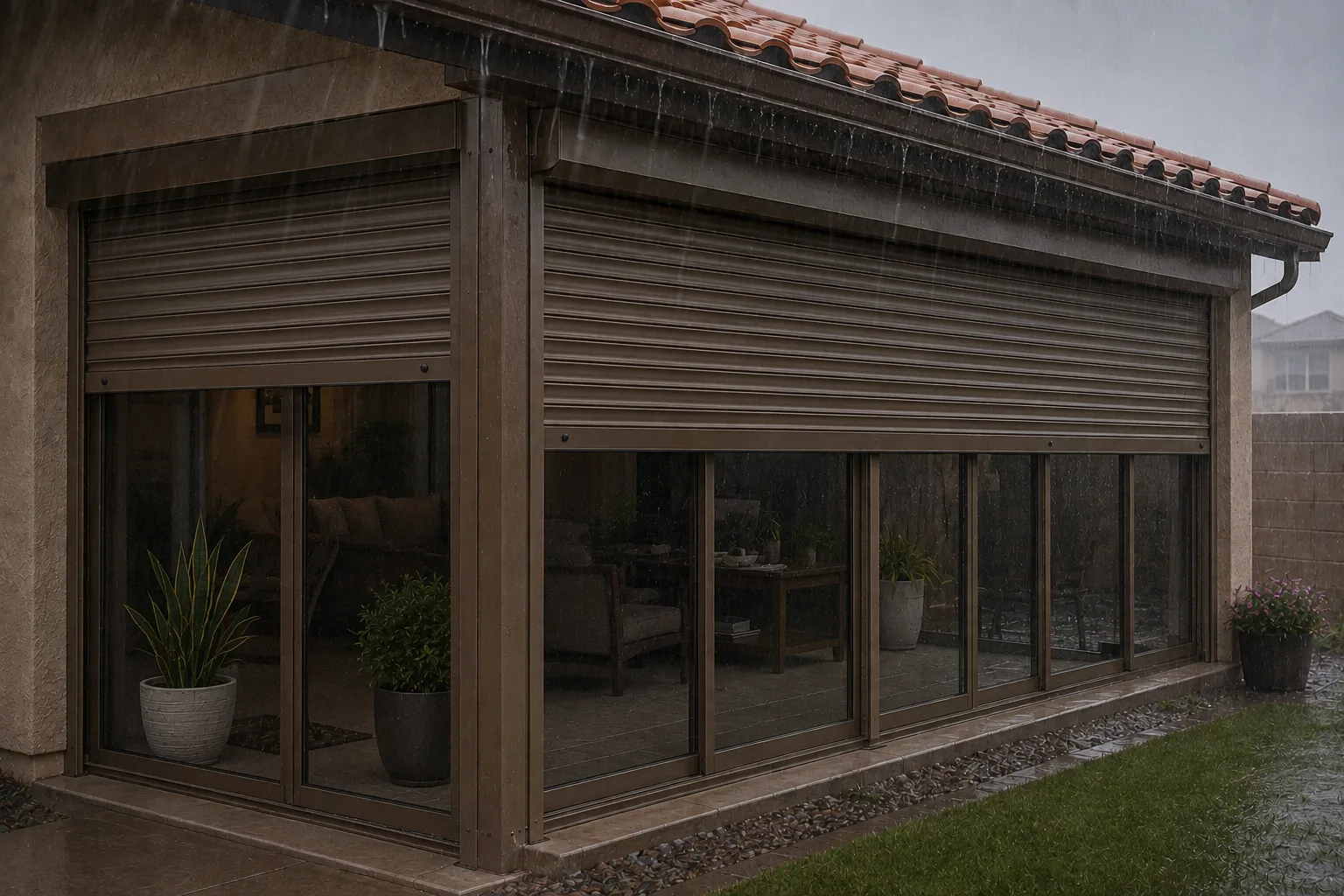 Heavy monsoon rain running off a tile roof onto rolling shutters closed above a patio enclosure