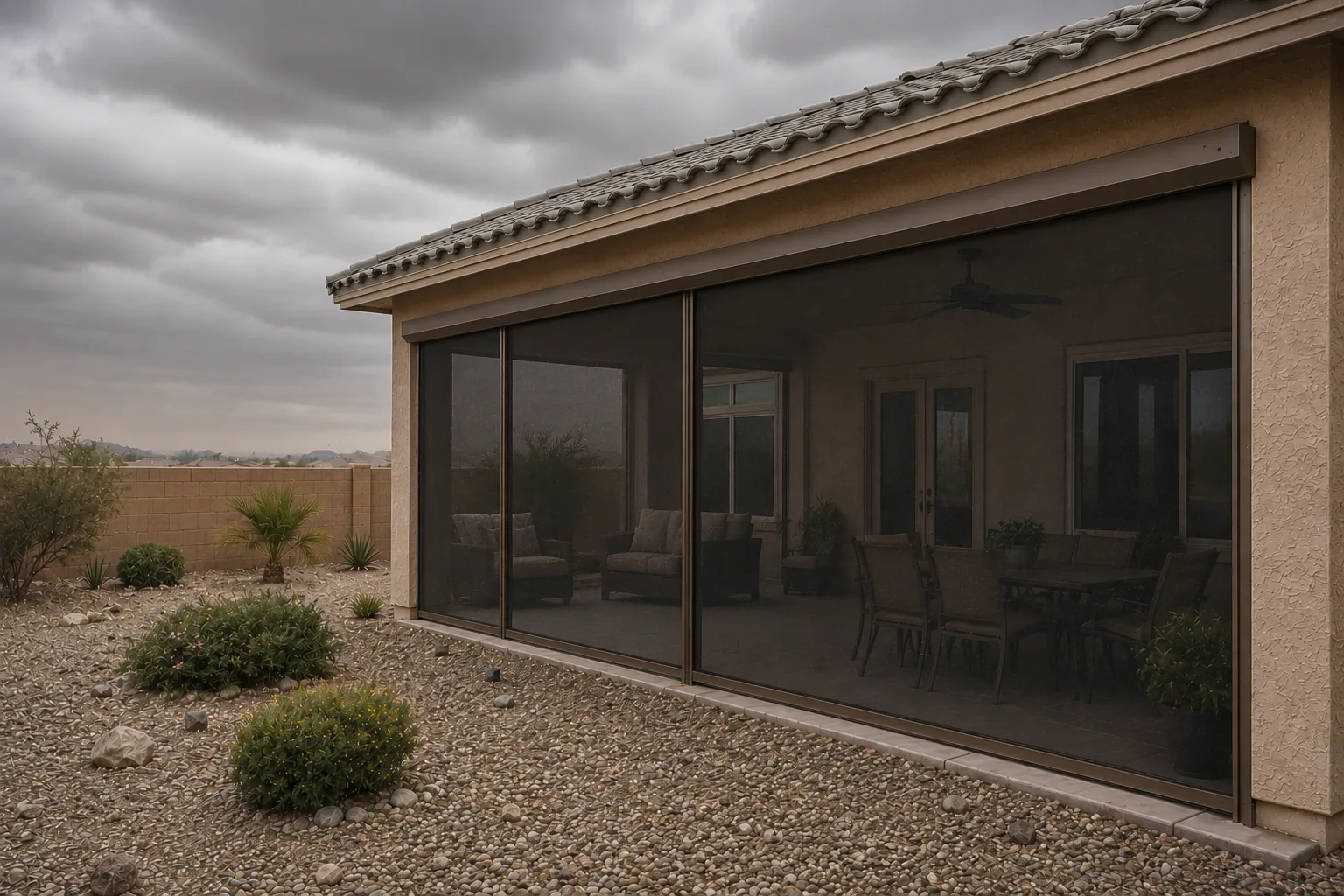 Storm clouds building over an Arizona home with screens closed across the covered patio opening