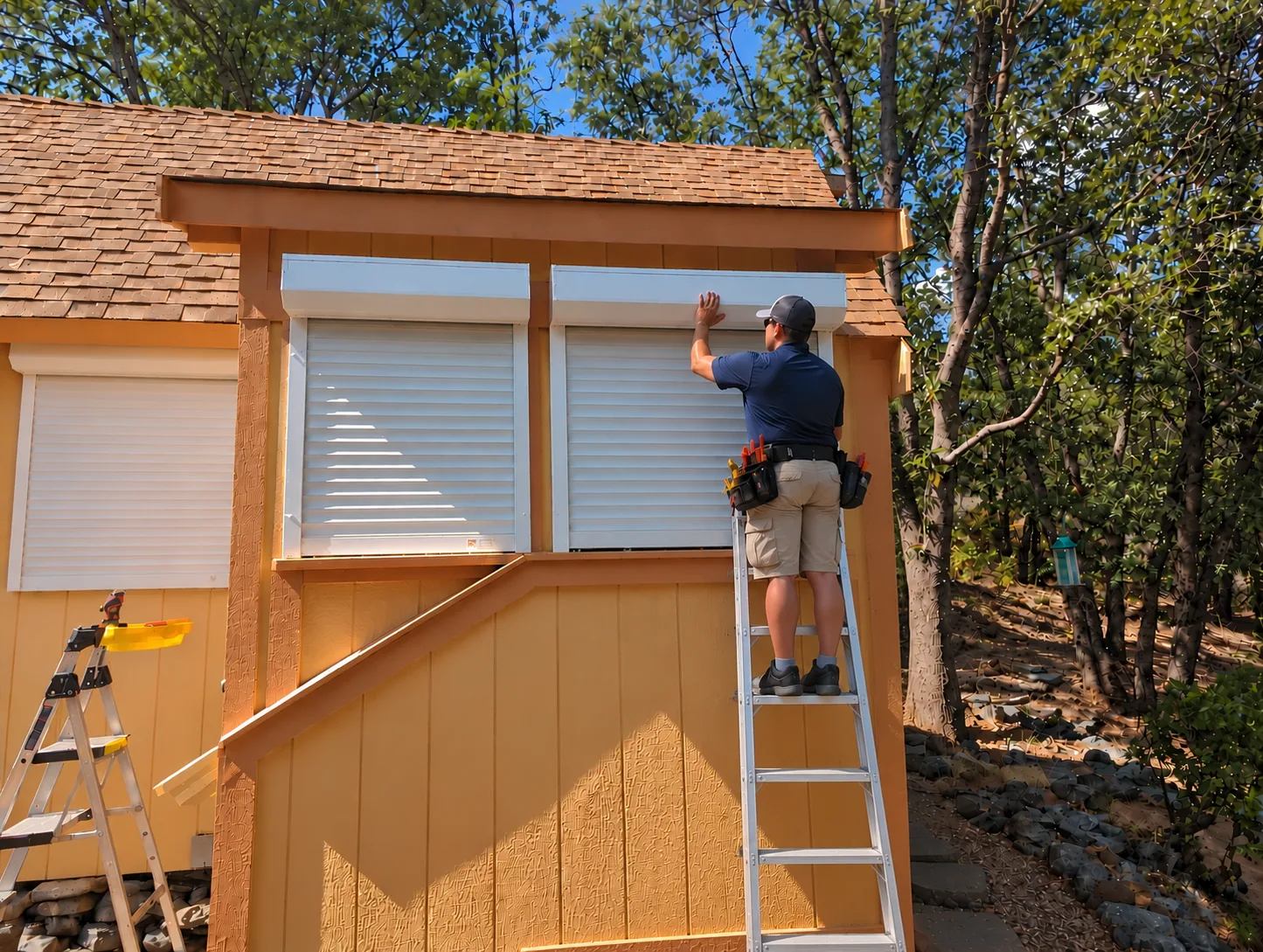 Installer in a navy polo on a ladder during an exterior window shutter installation, fitting the housing of a white rolling shutter