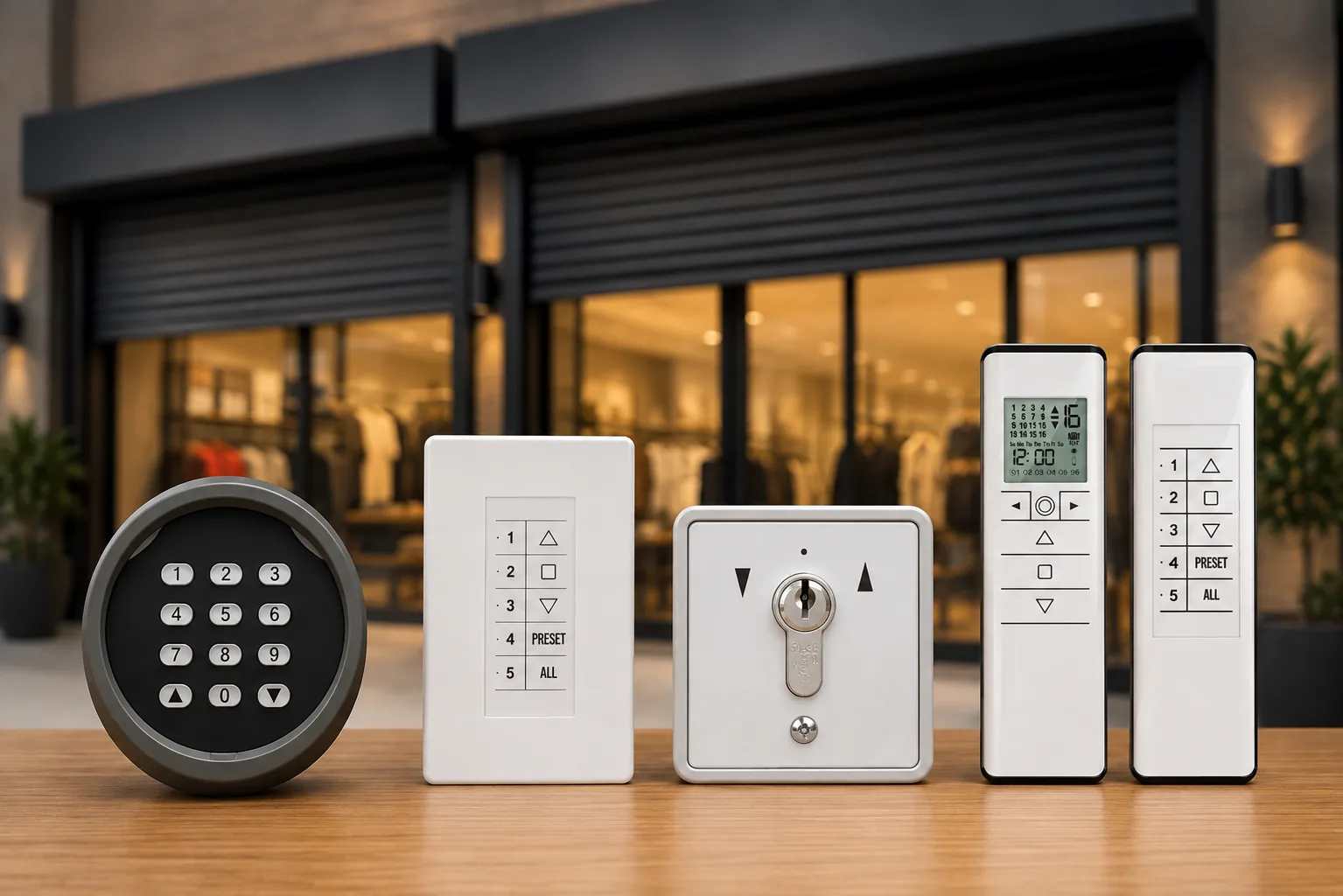 Rolling shutter controls lined up on a counter: a keypad, a wall switch, a key switch, and two handheld remotes, in front of a storefront with lowered shutters