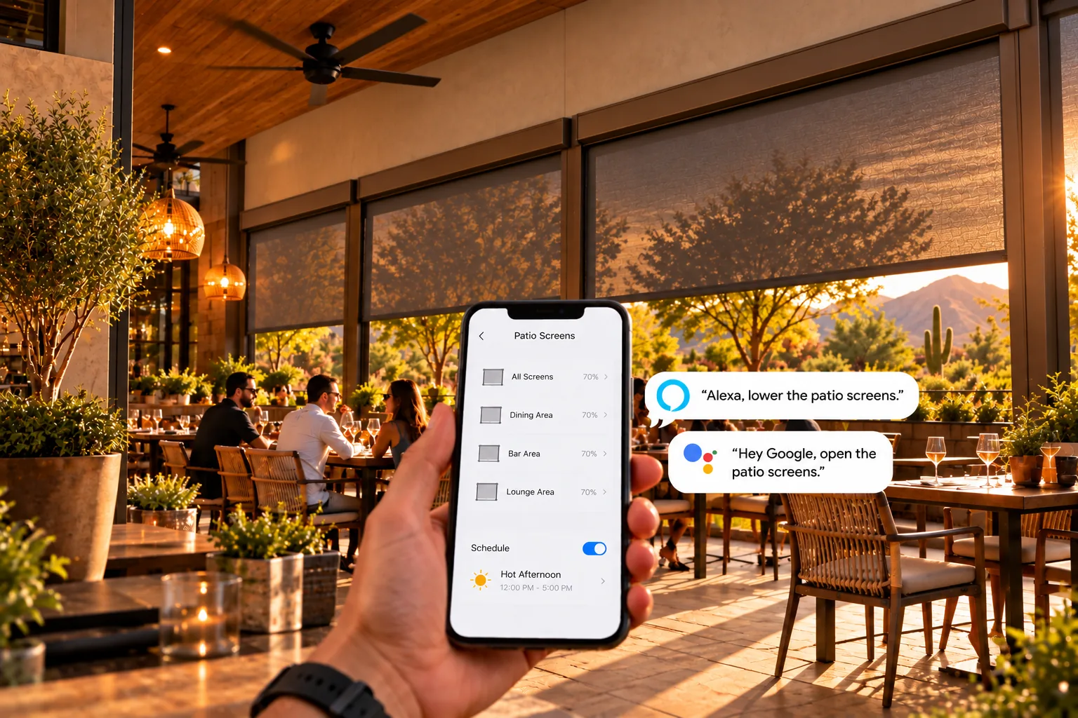 Phone showing a patio screen app with grouped dining, bar, and lounge areas and an afternoon schedule, beside voice-command callouts, with lowered screens over a restaurant patio behind
