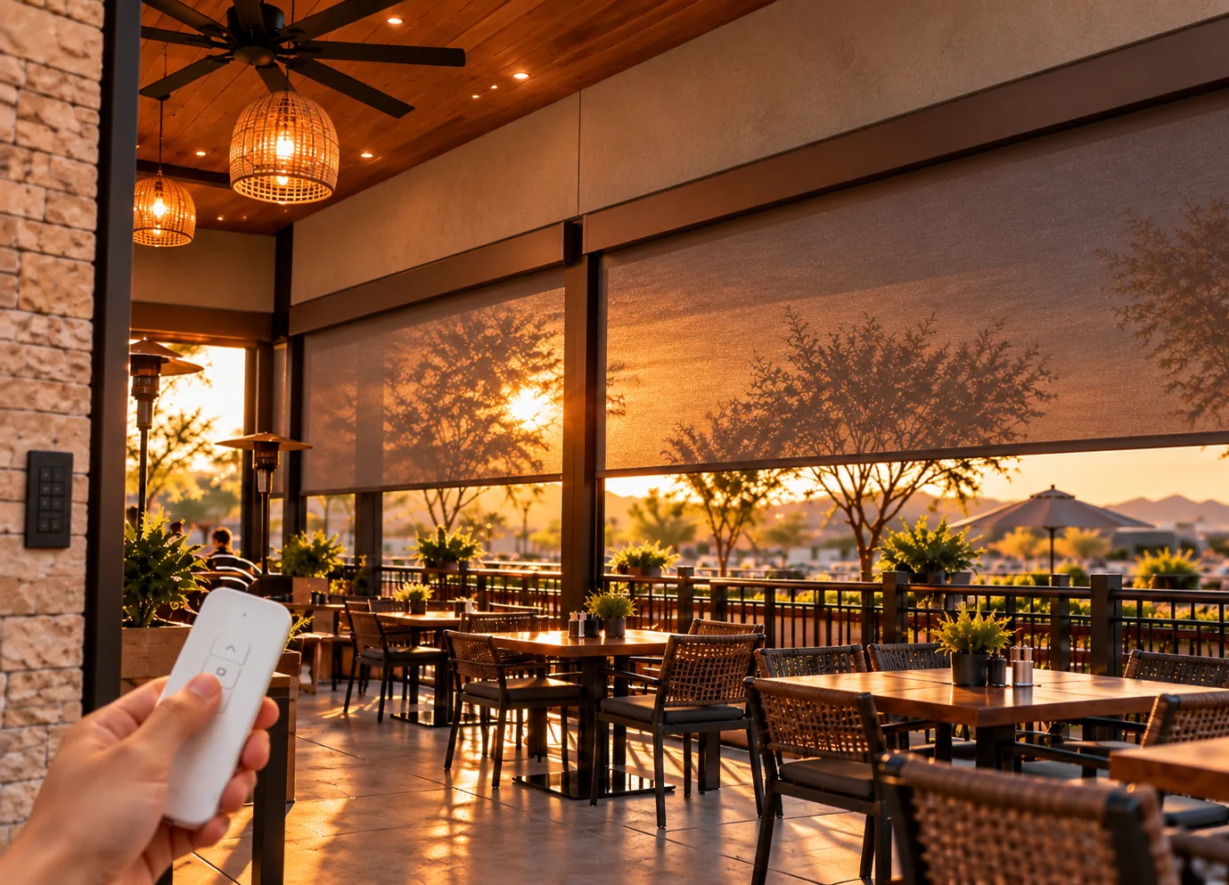 Hand holding a handheld remote beside a wall-mounted keypad switch, with motorized screens partly lowered over a covered restaurant patio at sunset