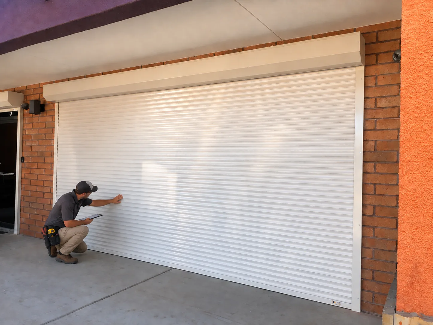 Technician with a tablet inspecting a lowered white rolling shutter over a storefront opening on a brick commercial building