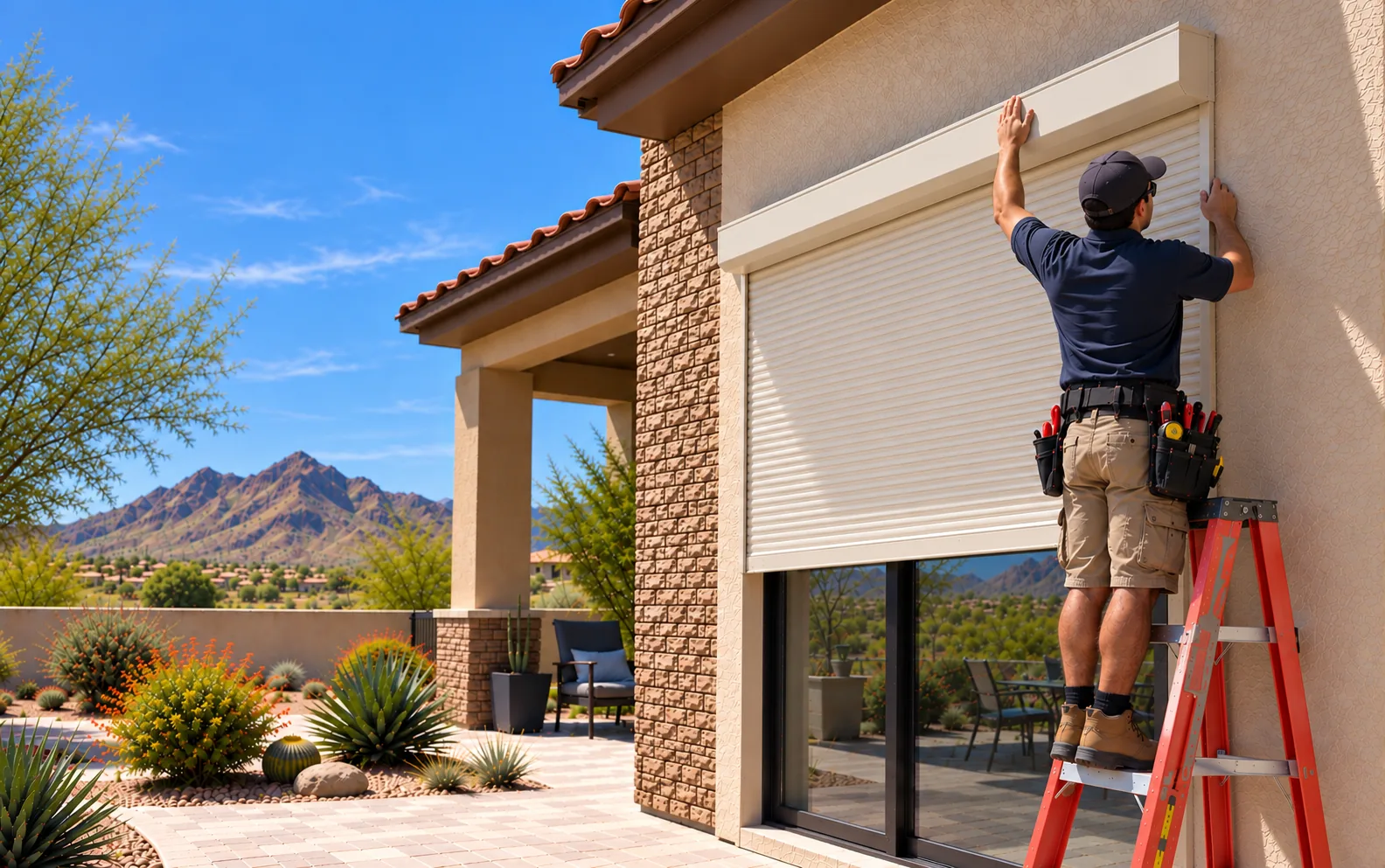 Technician on a ladder servicing a lowered beige aluminum rolling shutter over a sliding glass door on a stucco Metro Phoenix home, with desert landscaping and mountains beyond